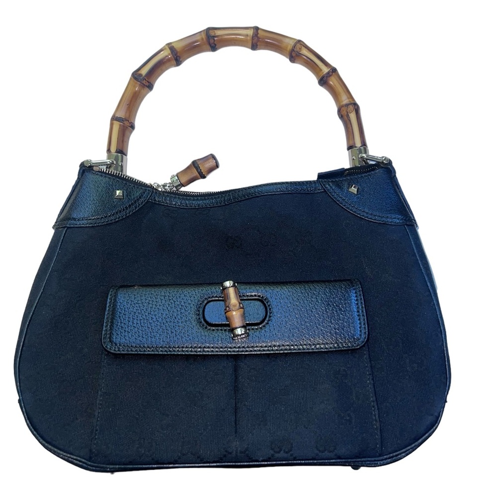 Gucci bamboo handle black monogram canvas bag size medium